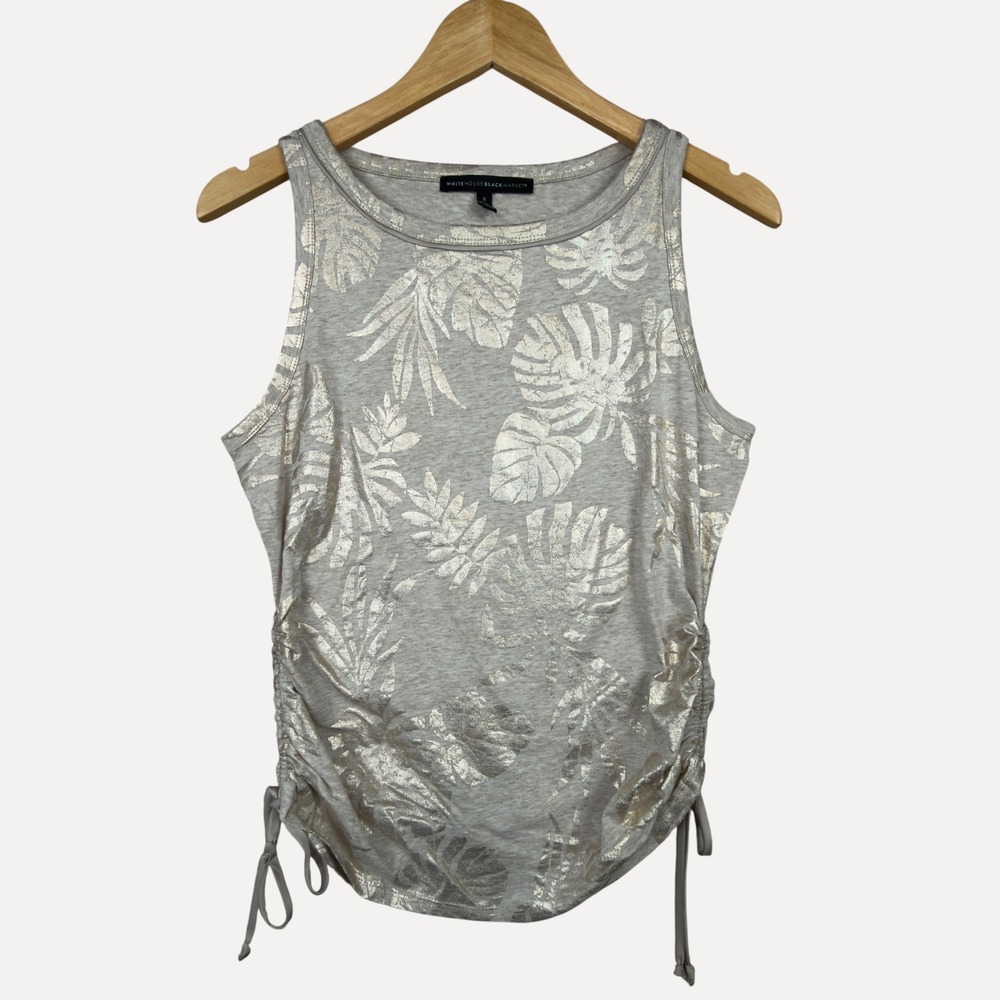 White House Black Market Tank Top Womens Small Ivory Metalic Foil Ruched S Y2K